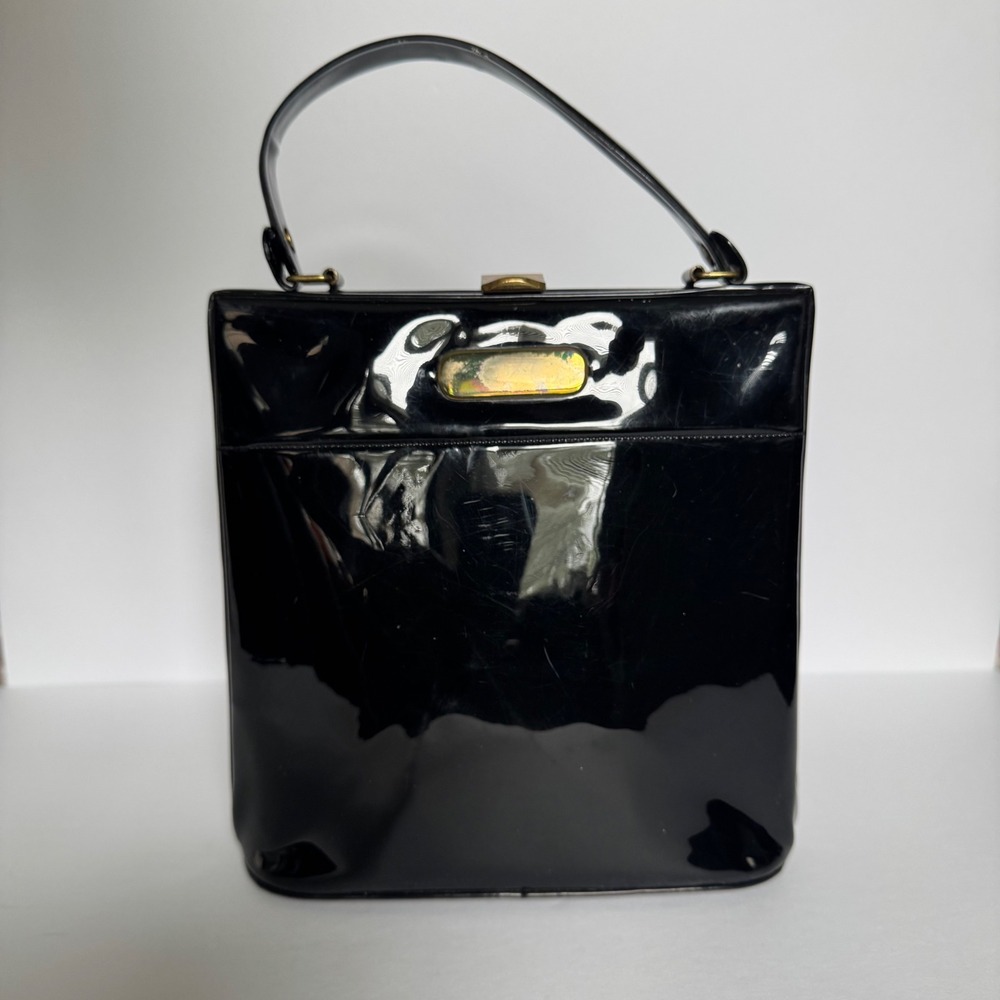 Vintage Black Patent Top Handle Handbag Gold Hardware Mid Century Box Bag